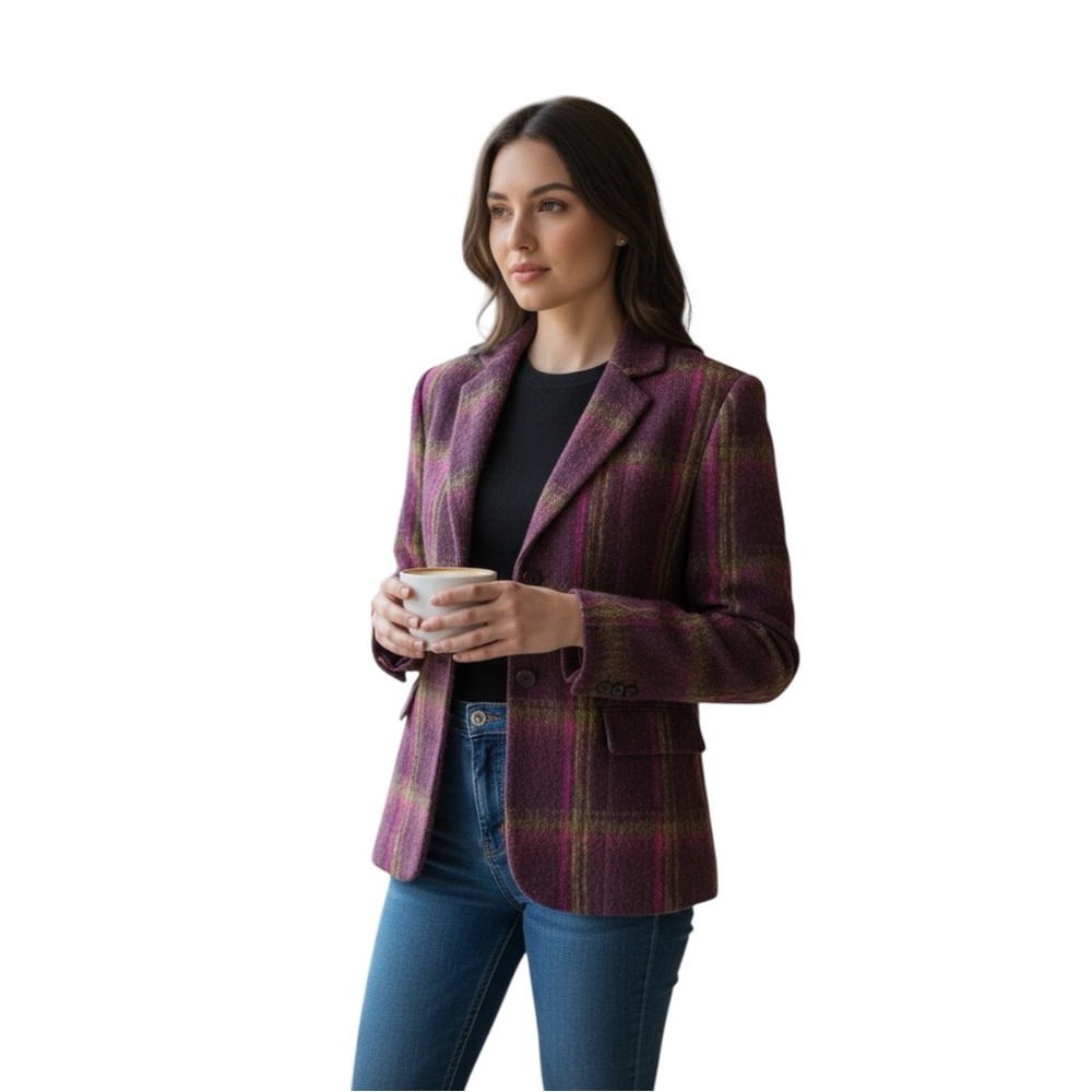Kasper Vintage Plum Purple Green‎ Plaid Wool Blazer Size 6 - Picture 2 of 8